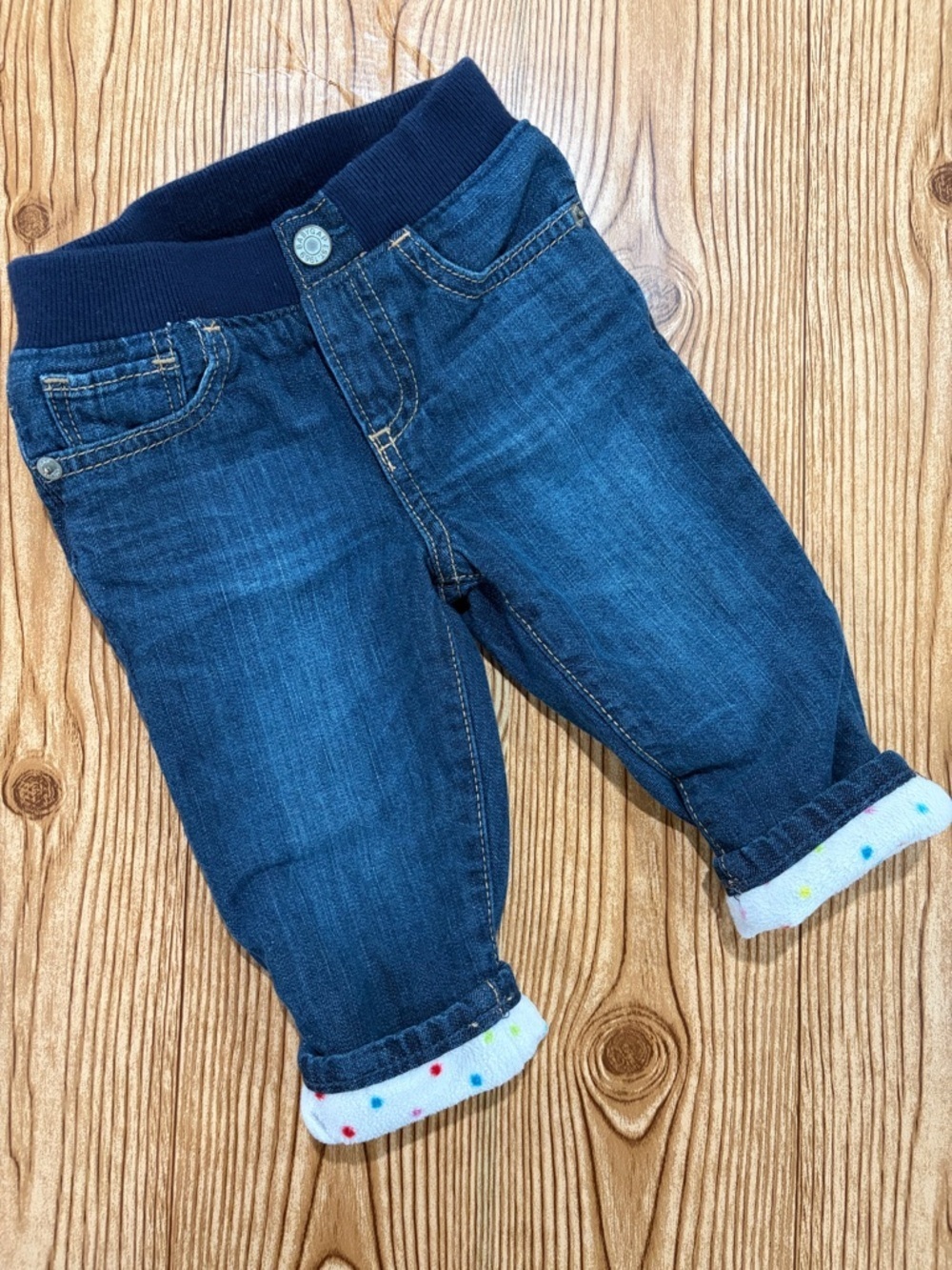 7/$20 GAP Denim Baby Navy Blue Pull-On Jeans with Polka Dot Fleece Lining